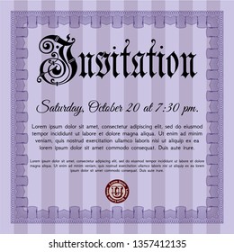Violet Invitation. With guilloche pattern and background. Vector illustration. Money style design. 