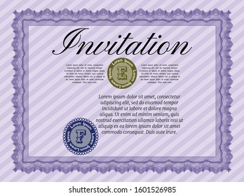 Violet Invitation. Money Pattern design. Customizable, Easy to edit and change colors. With guilloche pattern. 