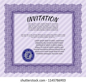 Violet Invitation. Money style design. With guilloche pattern and background. Customizable, Easy to edit and change colors. 