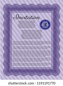 Violet Invitation. Money style design. Vector illustration. With guilloche pattern and background. 