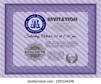 Violet Invitation. Money style design. With guilloche pattern. Customizable, Easy to edit and change colors. 