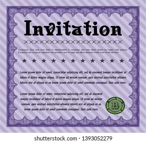 Violet Invitation template. With background. Detailed. Money Pattern design. 