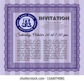 Violet Invitation template. With complex linear background. Vector illustration. Money style design. 