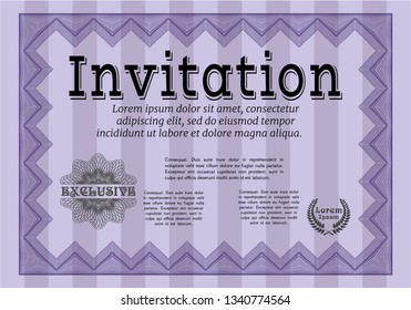 Violet Invitation template. With complex linear background. Vector illustration. Money style design. 
