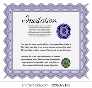 Violet Invitation template. Cordial design. With guilloche pattern. Vector illustration. 