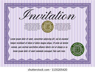 Violet Invitation template. Customizable, Easy to edit and change colors. With guilloche pattern and background. Money style design. 