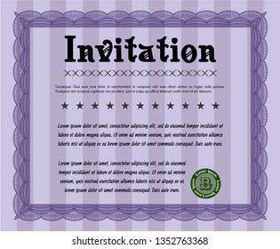 Violet Invitation template. Customizable, Easy to edit and change colors. Complex background. Money Pattern. 