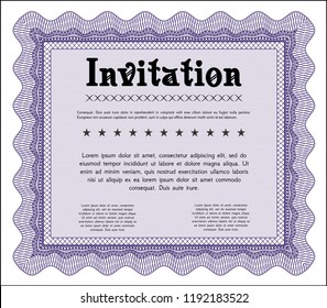 Violet Invitation template. Detailed. With complex linear background. Artistry design. 