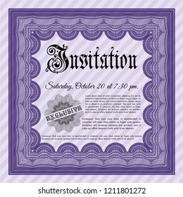 Violet Invitation template. Detailed. With linear background. Artistry design. 
