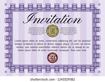 Violet Invitation template. Excellent design. With guilloche pattern. Detailed. 