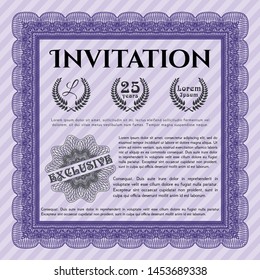 Violet Invitation template. Good design. With great quality guilloche pattern. Detailed. 