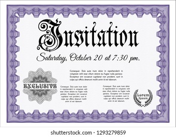 Violet Invitation template. With great quality guilloche pattern. Detailed. Superior design. 