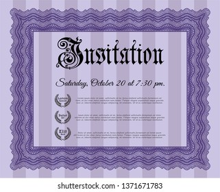 Violet Invitation template. With great quality guilloche pattern. Vector illustration. Money design. 