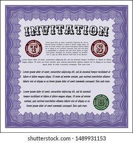 Violet Invitation template. With great quality guilloche pattern. Vector illustration. Sophisticated design. 
