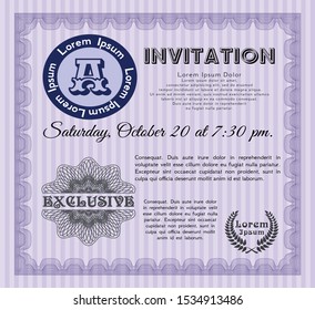 Violet Invitation template. With great quality guilloche pattern. Beauty design. Detailed. 
