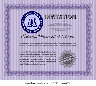 Violet Invitation template. With guilloche pattern. Vector illustration. Beauty design. 