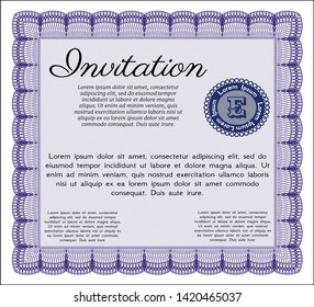 Violet Invitation template. With guilloche pattern and background. Perfect design. Detailed. 