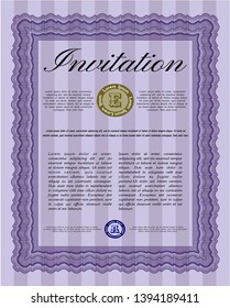 Violet Invitation template. Money Pattern design. Detailed. With guilloche pattern and background. 