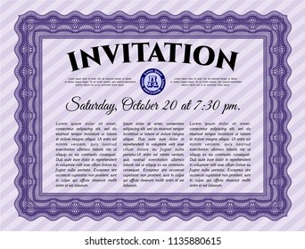Violet Invitation template. Retro design. Customizable, Easy to edit and change colors. With guilloche pattern. 