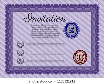 Violet Invitation template. Vector illustration. With guilloche pattern and background. Artistry design. 