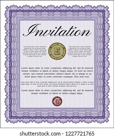 Violet Invitation template. Vector illustration. With guilloche pattern and background. Lovely design. 