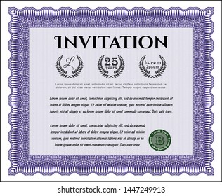 Violet Invitation template. Vector illustration. With great quality guilloche pattern. Money design. 