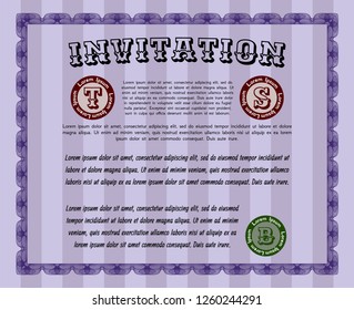 Violet Invitation. Vector illustration. Complex background. Money Pattern. 