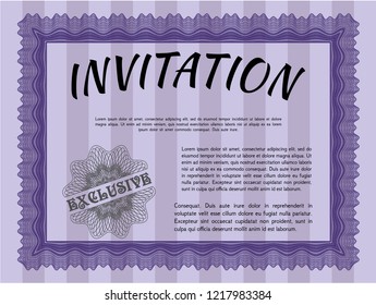 Violet Invitation. Vector illustration. With guilloche pattern. Lovely design. 