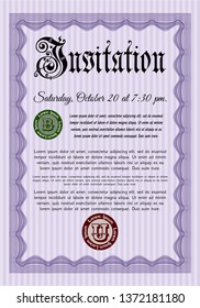 Violet Invitation. Vector illustration. With guilloche pattern and background. Excellent design. 