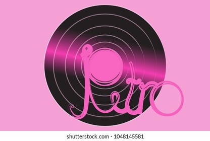 Violet iridescent vinyl musical retro old  gramophone record and an inscription retro on a violet background. Vector illustration