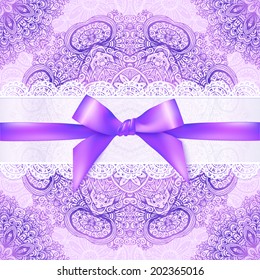 Violet lacy vector greeting card cover with purple ribbon