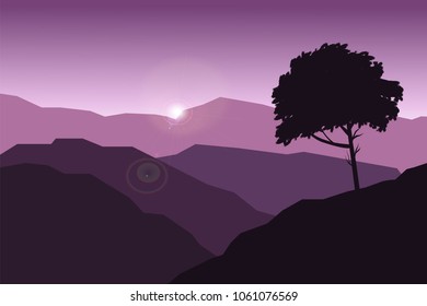 Violet landscape vector background. Beautiful geometric illustration. Realistic vector illustration of nature landscape with mountains, tree, fog and sunrise. Silhouette landscape.