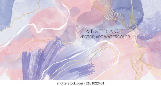 Violet lavender liquid marbled watercolor brush strokes background with golden lines. Pastel purple periwinkle alcohol ink drawing effect. Vector illustration design for wedding invitation, rsvp