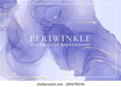 Violet lavender liquid watercolor marble background with golden lines. Pastel purple periwinkle alcohol ink drawing effect. Vector illustration design template for wedding invitation, menu, rsvp.