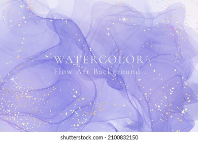 Violet lavender liquid watercolor marble background with golden lines. Pastel purple periwinkle alcohol ink drawing effect. Vector illustration design template for wedding invitation, menu, rsvp. Stock Vector