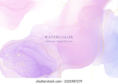 Violet lavender liquid watercolor marble background with golden lines. Pastel purple periwinkle alcohol ink drawing effect. Vector illustration design template for wedding invitation, menu, rsvp.