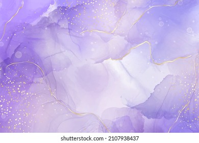 Lavanda violeta líquido acuarela fondo de mármol con líneas doradas  Efecto de dibujo de la tinta del alcohol púrpura perwinkle  Plantilla de diseño de ilustración vectorial para invitación de boda  menú  rsvp 