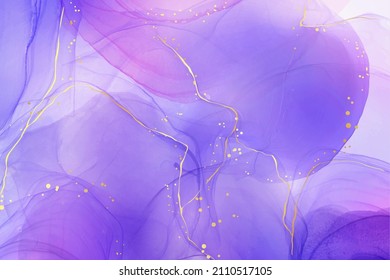 Violet lavender liquid watercolor marble background with golden lines. Pastel purple periwinkle alcohol ink drawing effect. Vector illustration design template for wedding invitation, menu, rsvp.