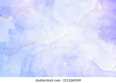 Violet lavender liquid watercolor marble background with golden lines. Pastel purple periwinkle alcohol ink drawing effect. Vector illustration design template for wedding invitation, menu, rsvp.