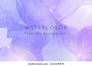 Violet lavender liquid watercolor marble background with golden lines. Pastel purple periwinkle alcohol ink drawing effect. Vector illustration design template for wedding invitation, menu, rsvp.