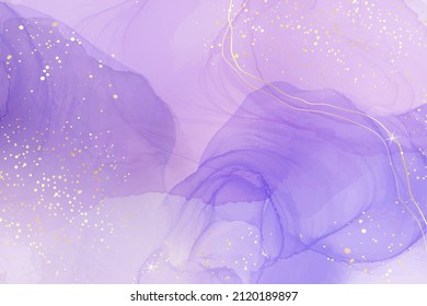 Lavanda violeta líquido acuarela fondo de mármol con líneas doradas. Efecto de dibujo de la tinta del alcohol púrpura perwinkle. Plantilla de diseño de ilustración vectorial para invitación de boda, menú, rsvp.