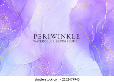 Violet lavender liquid watercolor marble background with golden lines. Pastel purple periwinkle alcohol ink drawing effect. Vector illustration design template for wedding invitation, menu, rsvp.