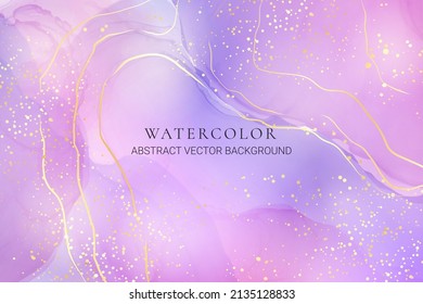 Lavanda violeta líquido acuarela fondo de mármol con líneas doradas. Efecto de dibujo de la tinta del alcohol púrpura perwinkle. Plantilla de diseño de ilustración vectorial para invitación de boda, menú, rsvp.