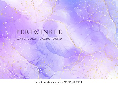 Lavanda violeta líquido acuarela fondo de mármol con líneas doradas. Efecto de dibujo de la tinta del alcohol púrpura perwinkle. Plantilla de diseño de ilustración vectorial para invitación de boda, menú, rsvp.