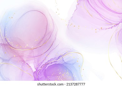 Violet lavender liquid watercolor marble background with golden lines. Pastel purple periwinkle alcohol ink drawing effect. Vector illustration design template for wedding invitation, menu, rsvp.