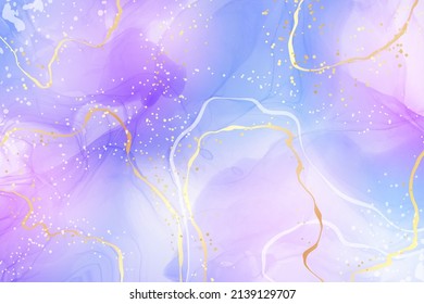 Violet lavender liquid watercolor marble background with golden lines. Pastel purple periwinkle alcohol ink drawing effect. Vector illustration design template for wedding invitation, menu, rsvp.