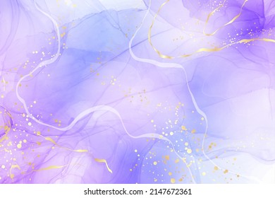 Violet lavender liquid watercolor marble background with golden lines. Pastel purple periwinkle alcohol ink drawing effect. Vector illustration design template for wedding invitation, menu, rsvp.