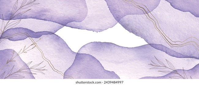 Violet lavender watercolor marble background with golden lines. Pastel purple periwinkle alcohol ink drawing effect. Vector illustration design template for wedding invitation, menu. 