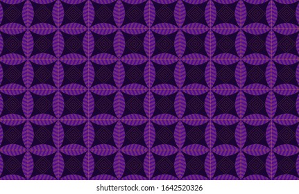 Violet Leaves forming Geometric Pattern with orange diamons and dark Violet background. Texture Inspired in Art Deco