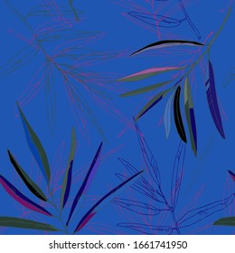 Hojas violetas de palmeras en una ilustración vectorial de fondo azul oscuro.Patrón sin problemas. EPS10.